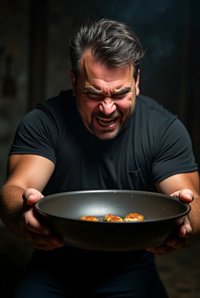 A dramatic photo of a man holding a pan as if heating someone, intense expression, dynamic action pose, natural lighting, high contrast, shot with a Canon EOS R5, 50mm lens, f/2.8 --ar 1:1 --stylize 150 --no text