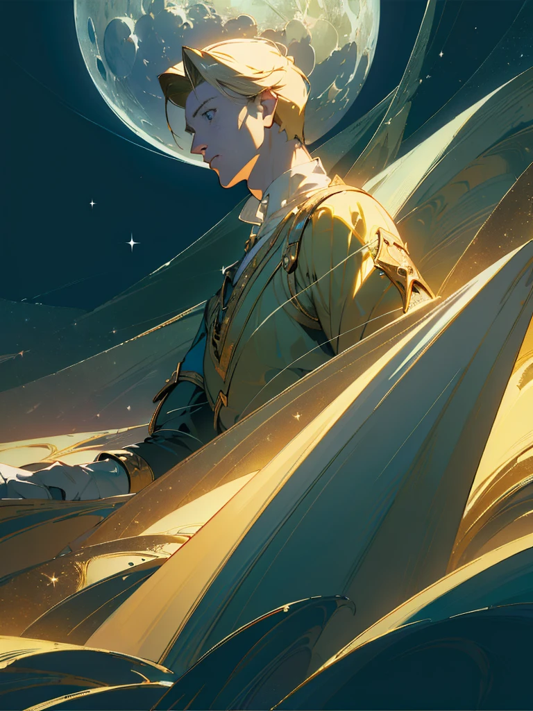 (masterpiece,top-quality,top-quality,Detailed and complex,official art,aesthetically pleasing:1.3),(male),(Link),(realistic art:1.3),blonde hair,moon,stars,celestial,ethereal,surreal,fantasy,cinematic lighting,dramatic lighting,volumetric lighting,chiaroscuro,intricate details,striking composition,elegant,regal,mesmerizing