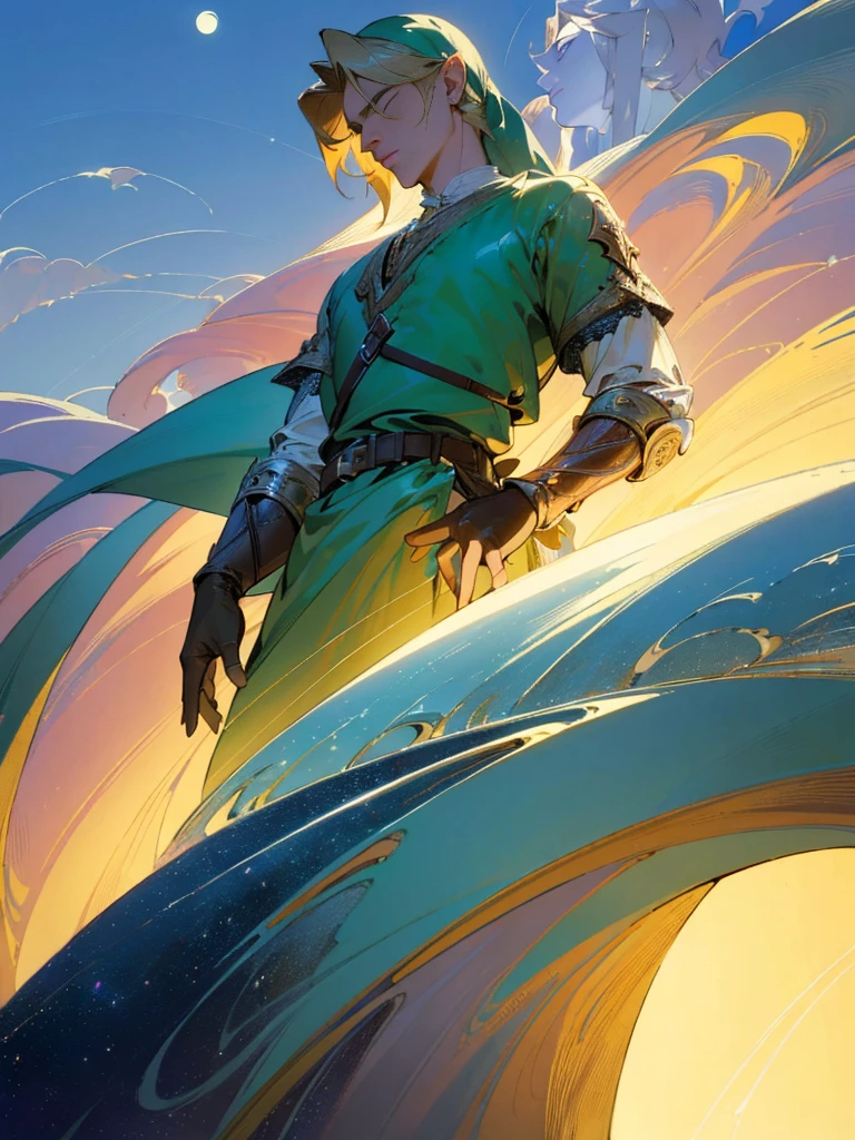 (masterpiece,top-quality,top-quality,Detailed and complex,official art,aesthetically pleasing:1.3),(male),(Link),(realistic art:1.3),blonde hair,moon,stars,celestial,ethereal,surreal,fantasy,cinematic lighting,dramatic lighting,volumetric lighting,chiaroscuro,intricate details,striking composition,elegant,regal,mesmerizing