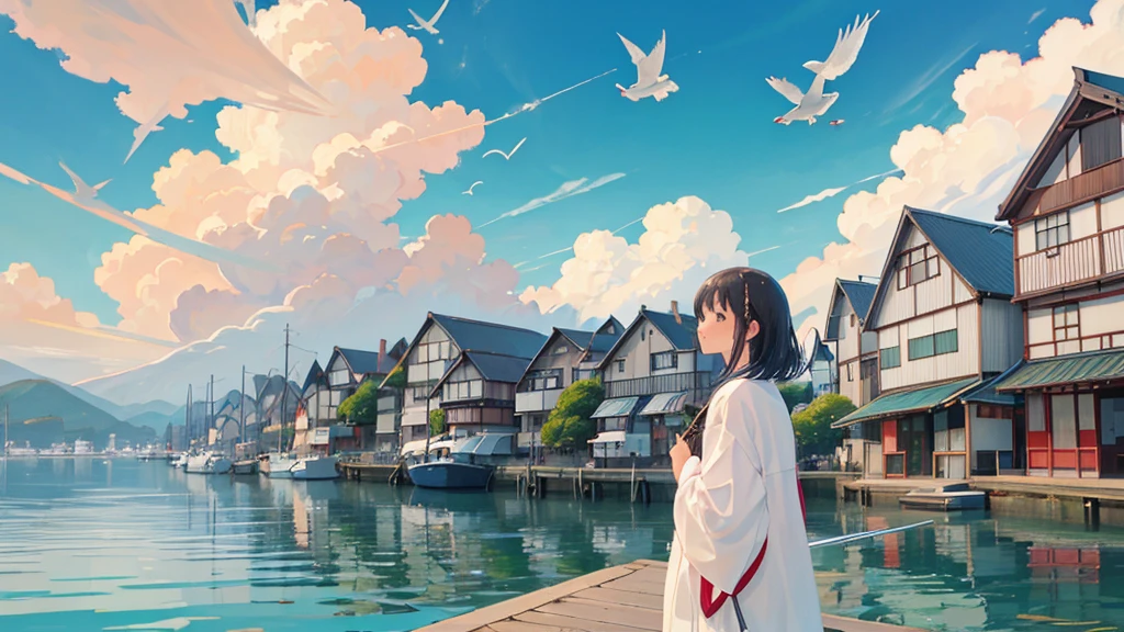 Japanese fishing town landscape, seagulls, clouds, shops, carteleria, tranquillity, cats, Mar, wind, girl looking at the horizon