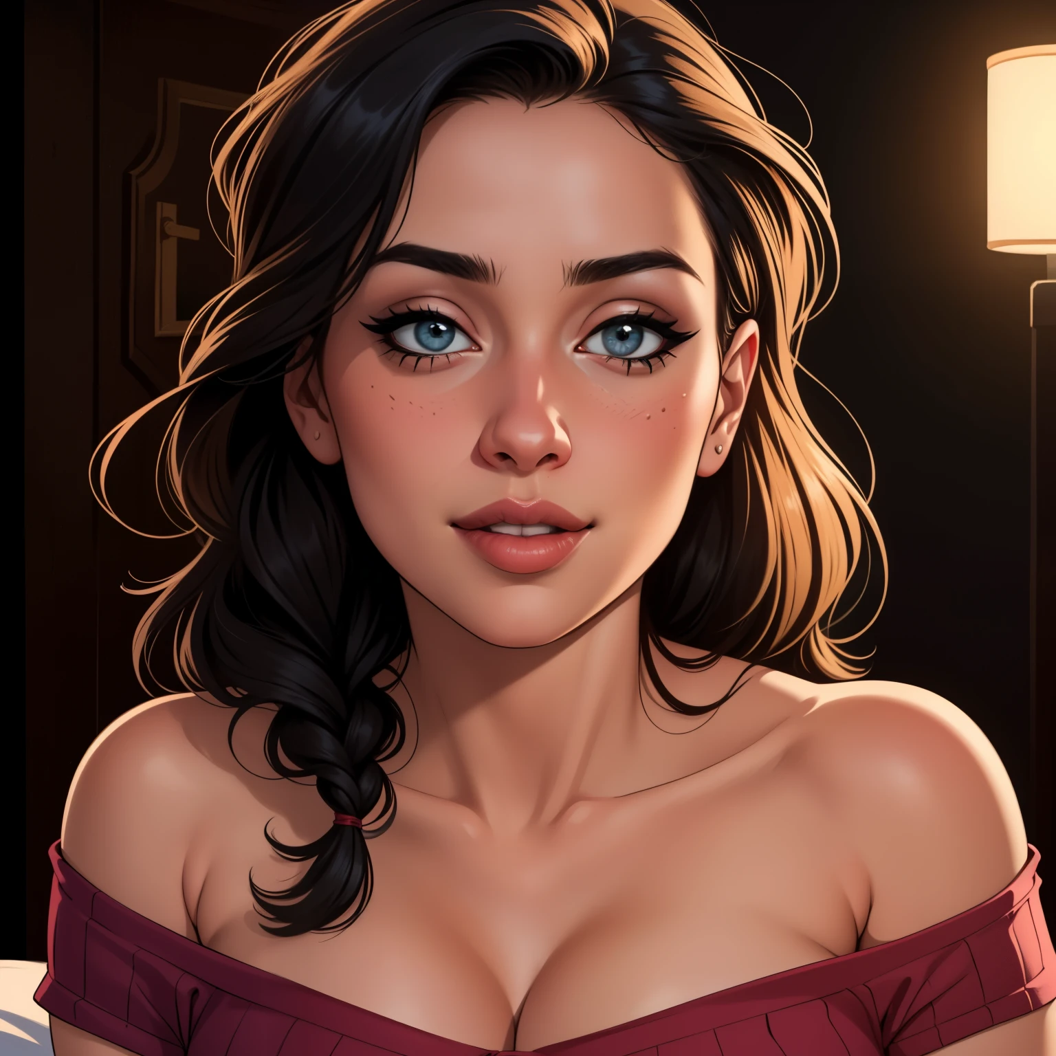 a beautiful woman with long black braided hair, seductive soft eyes, blushing hard, pink parted lips with a seductive smile, long neck and collarbone, medium chest and cleavage, wearing an off-shoulder t-shirt exposing her bare shoulders, (best quality,4k,8k,highres,masterpiece:1.2),ultra-detailed,(realistic,photorealistic,photo-realistic:1.37),intricate details,highly detailed face,extremely detailed eyes and face,longeyelashes,beautiful detailed lips,extremely detailed skin,cinematic lighting,warm color tones,chiaroscuro lighting,romantic,sensual,intimate,alluring,captivating