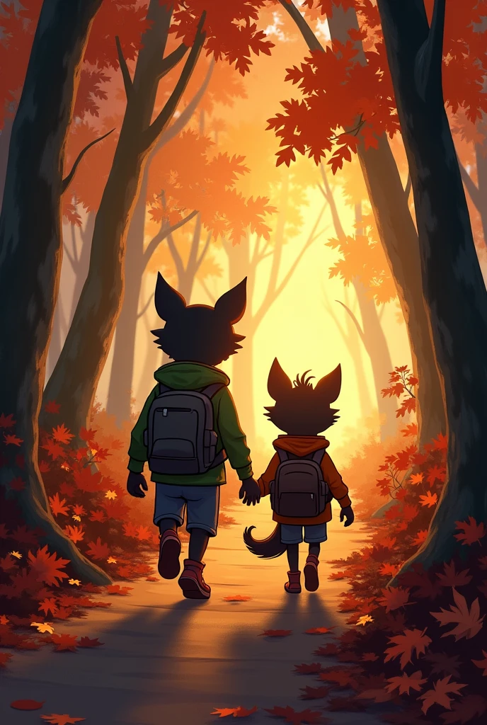 Sam and Max setting off into the woods. The path is lined with autumn leaves, and the sky is turning to dusk.
Details: Warm, earthy tones for the forest setting and an adventurous, determined expression on Sam’s face.