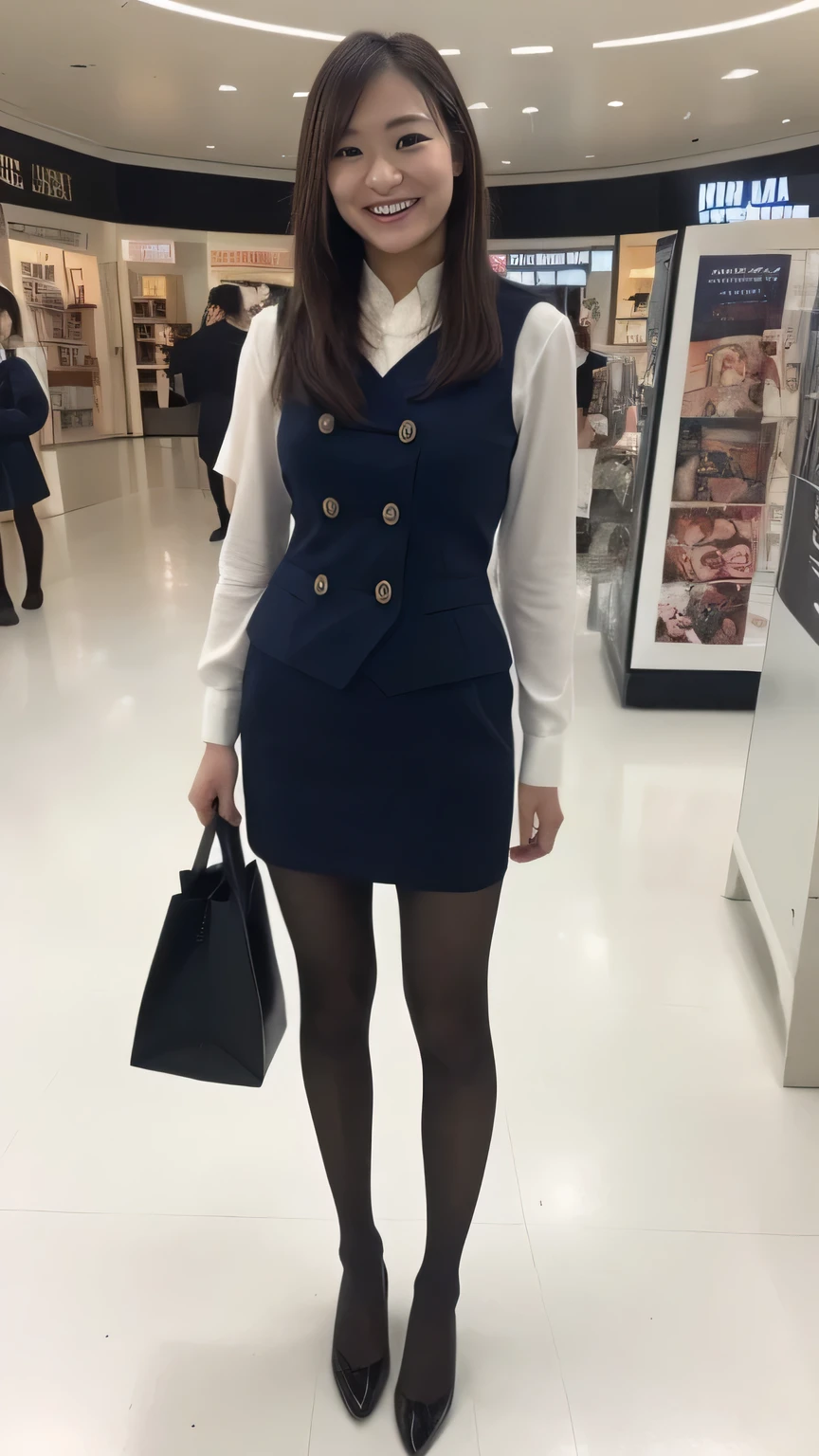 high quality、8k、masterpiece、Ultra-high resolution、Clear photos、Professional Lighting、Natural light、Realistic、Highly detailed skin、Perfect Anatomy、Beautiful fingers、Beautiful Hands、One Woman、 25、Bab6、Large Breasts、(Large areola)、Glamour、Bob Hair:1.8、Black Hair、Beautiful Hair、smile、(Squint your eyes and laugh:1.2)、Checked vest、(Navy blue tight mini skirt)、(Perfect Pantyhose:1.2)、((Black Pantyhose))、((At the Mall))、Attractive pose、((Full Body Shot:1.5))