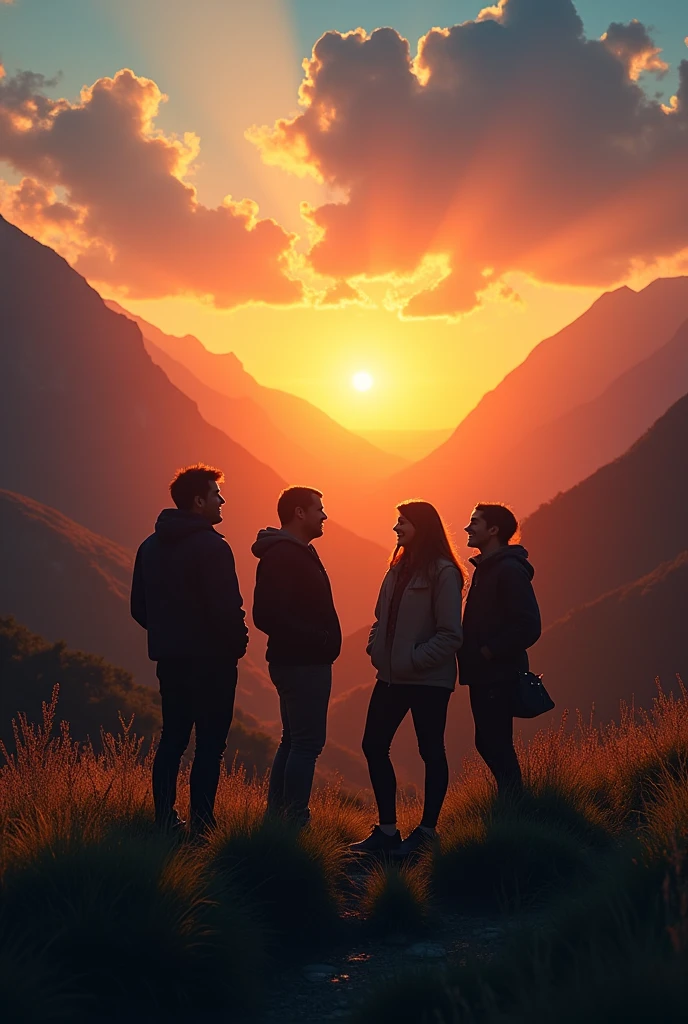 A group of friend enjoying together in the midst of a valley. They all look like shadowy figures from a distance
Sun is setting in th background
The friends are havinv good time
The picture should be in horizontal ratio