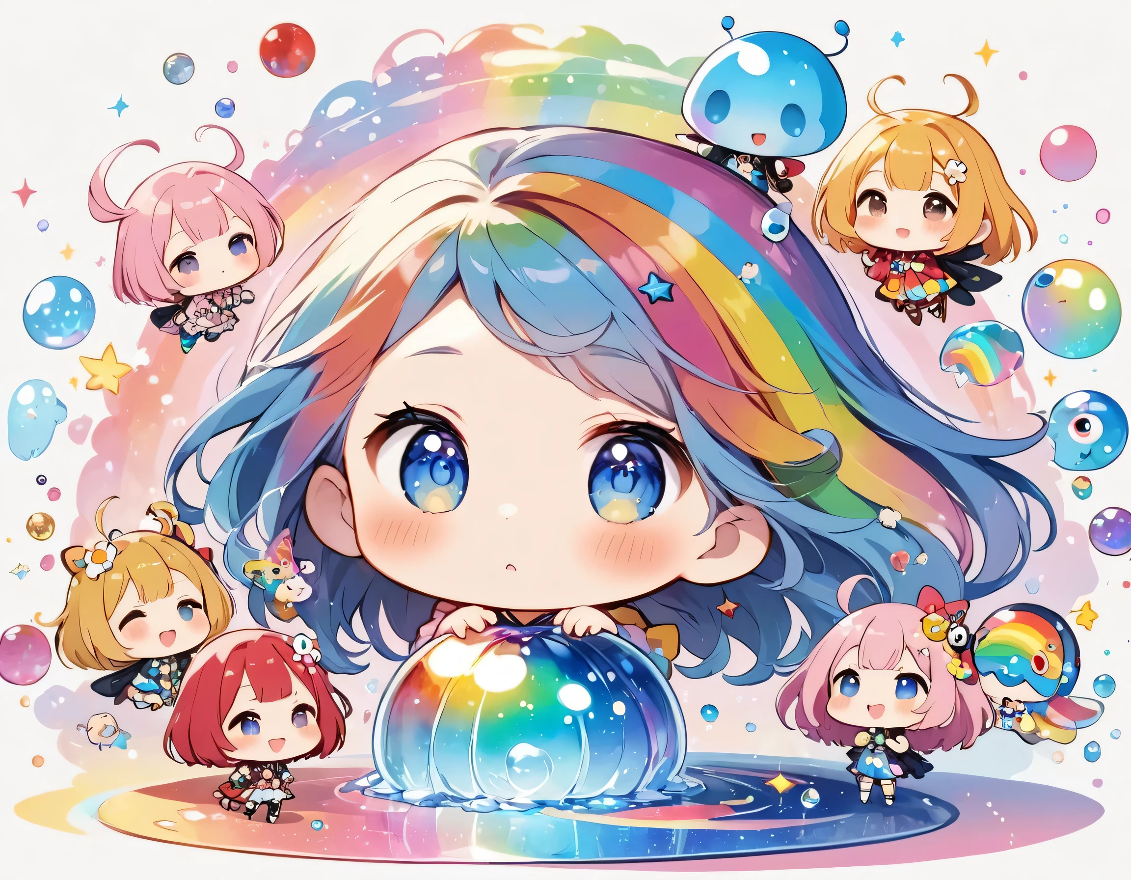 Takashi Murakami style, The most beautiful girl of all time, (((chibi))), (((hide and seek))), Cute Aliens, All in one, Tshine in fantastical rainbow colors,and a completely melted jelly fusion, Holographic sparkling reflections, Create an engaging impression on your audience, Surface of Mars