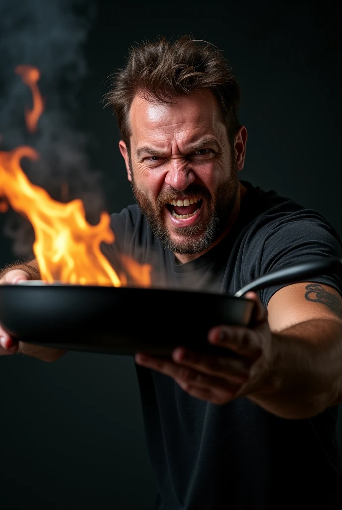 A dramatic photo of a man holding a pan as if heating someone, intense expression, dynamic action pose, natural lighting, high contrast, shot with a Canon EOS R5, 50mm lens, f/2.8 --ar 1:1 --stylize 150 --no text