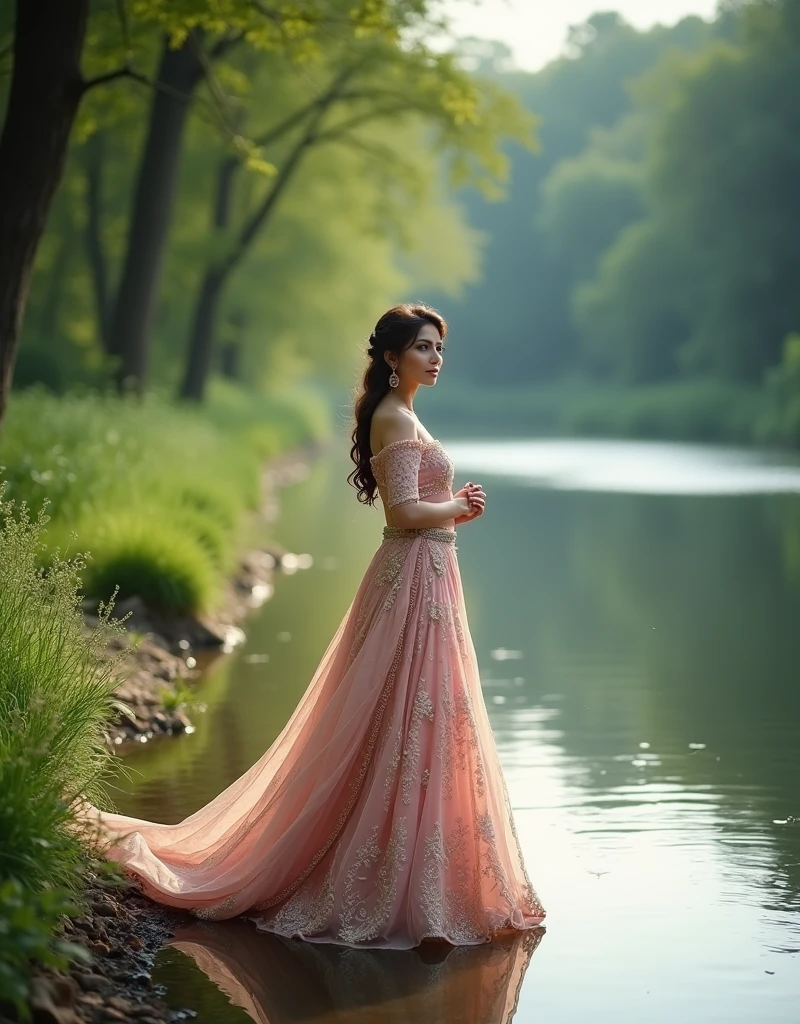 By a calm river with lush greenery, the model wears a flowing, elegant lehenga. Her dreamy and enchanting look adds a touch of romance to the peaceful riverside