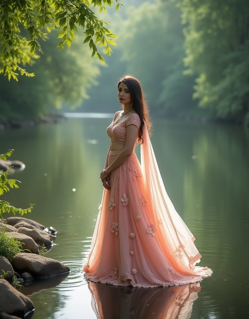  By a calm river with lush greenery, the model wears a flowing, elegant lehenga. Her dreamy and enchanting look adds a touch of romance to the peaceful riverside