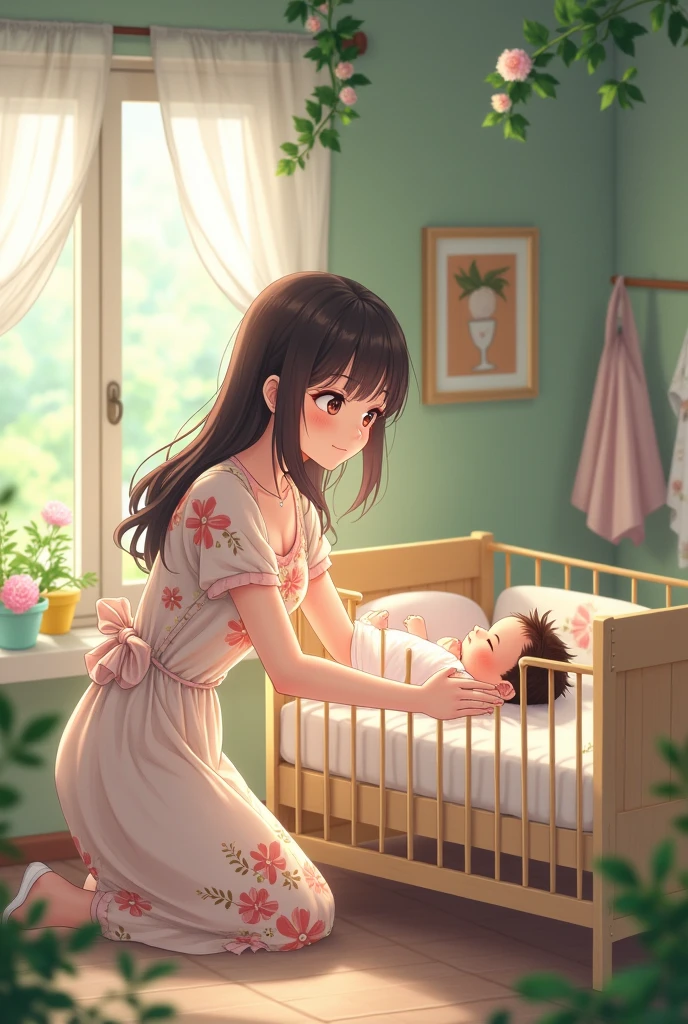 Anime style girl in floral dress putting baby in crib in detailed nursery , with cot, exchanger