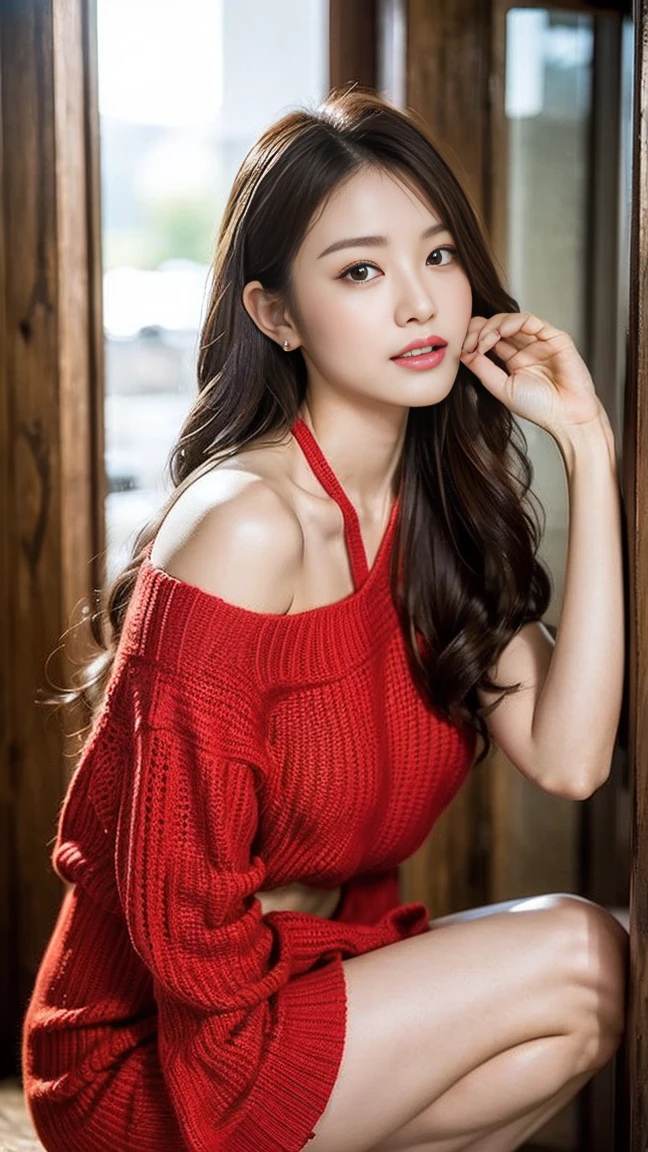 Dark brown hair、Light brown eyes、Japanese actress、I am about 20 years old......、(My NTR More about my category:1.2)、(top-qual私ty:1.4)、 (Ultra-high resolution:1.2)、Ultra-high resolution、(Private Detective Data)、(Detailed facial features)、Hmph、8K resolut私on、D cup breasts、Long Hair、Obscene pose、Beautiful feet、Open your mouth a little、Please lift your chin a little、Openwork knit、A tight knit dress in a bright color、2Book legs、2Book Hand、Beautiful feet、Expressions of weakness、Posing with a sense of vulnerability、Shooting from an angle、Halter neck、