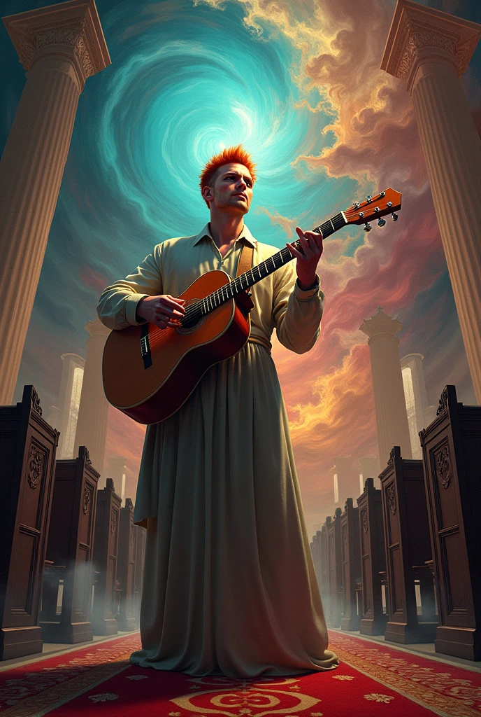 Tall man, big lips,curry hair, playing guitar in church. digitl art, 8k, surreal, swirly vibrant colors,