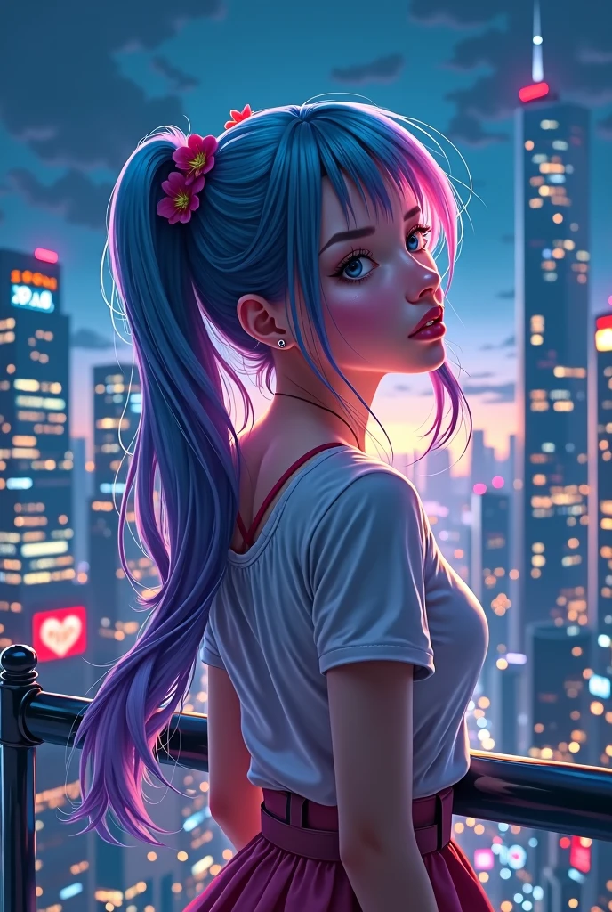 a cute girl,night, epic realistic, background city, color hair , tail, (medium_shot:1.3),