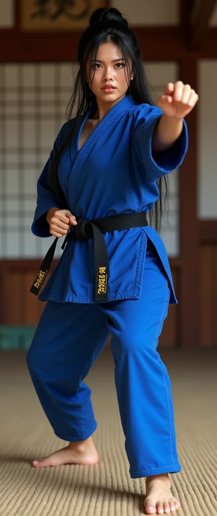 ((photogenic, photographic)), Karate pose, Dynamic pose, ((straight punch)), Front view , Full- body, beautiful American black girl, 1, (black hair, permanent hair , brown eyes, Beautiful Lips, serious), (C cup Breasts, Wide Hips) ,((Karate Blue clothes, Karate Blue underwear, Black obi:1.3)), At the Karate Dojo, Standing on tatami mat, Textured skin ((Surrealism, Fujicolor, Fujifilm, UHD, retina, masterpiece, accurate, anatomically correct, textured skin, super detail, high details, high quality, best quality, 8k))