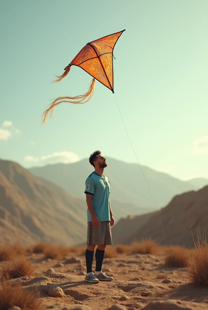 messi is flying a kite by a raw