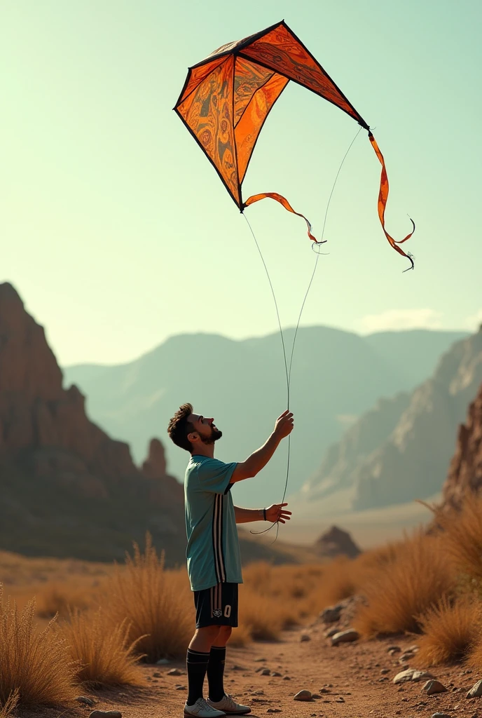 messi is flying a kite by a raw