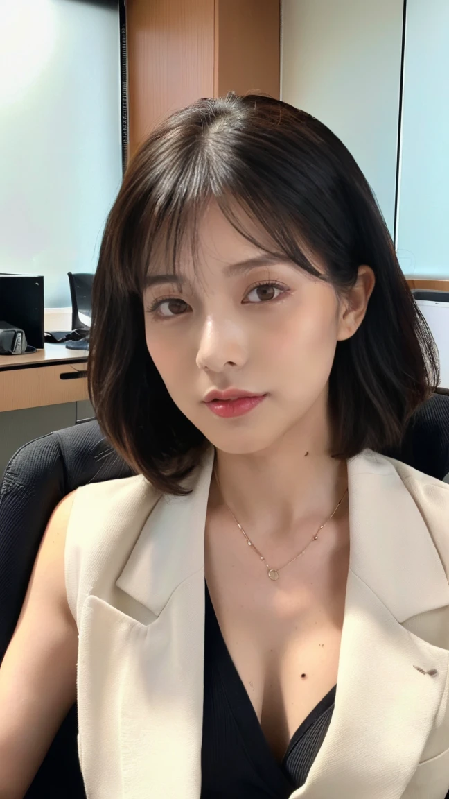 (top-quality, 16K, masterpiece:1.3), (ultra detailed), (masterpiece), (best quality), Highest quality, Realistic, surreal, Highest quality, Extremely detailed CG, Very delicate, 16K wallpaper, High resolution, A female manager working for a top company, 3, ((Light makeup:1.5)), ((There is a mole on the face that is considered seductive:1.1)), ((UNTITLED business suits:1.2)), ((A very simple necklace)), Japanese office with large windows, ((sitting in an office chair:1.5)), Japanese, slender body, ((middle breast:1.5)), very detailed, detailed fingers, detailed hands, detailed eyes, detailed legs, accurate and perfect human anatomy, real human skin, BREAK ((upper body:1.5)), ((look into the viewer's eyes:1.5)), ((looking at viewer:1.5)), ((Front view:1.5)), ((from front:1.5)),