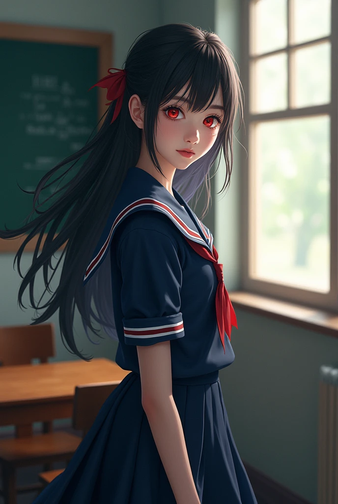 standing by the classroom window、Beautiful girl with red eyes。She wears a navy blue sailor suit。