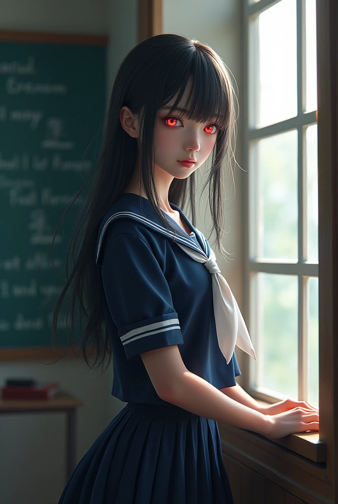 standing by the classroom window、Beautiful girl with red eyes。She wears a navy blue sailor suit。