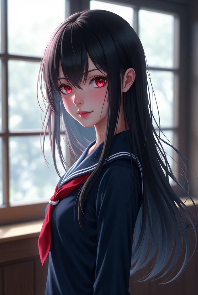 standing by the classroom window、Beautiful girl with red eyes。She wears a navy blue sailor suit。
