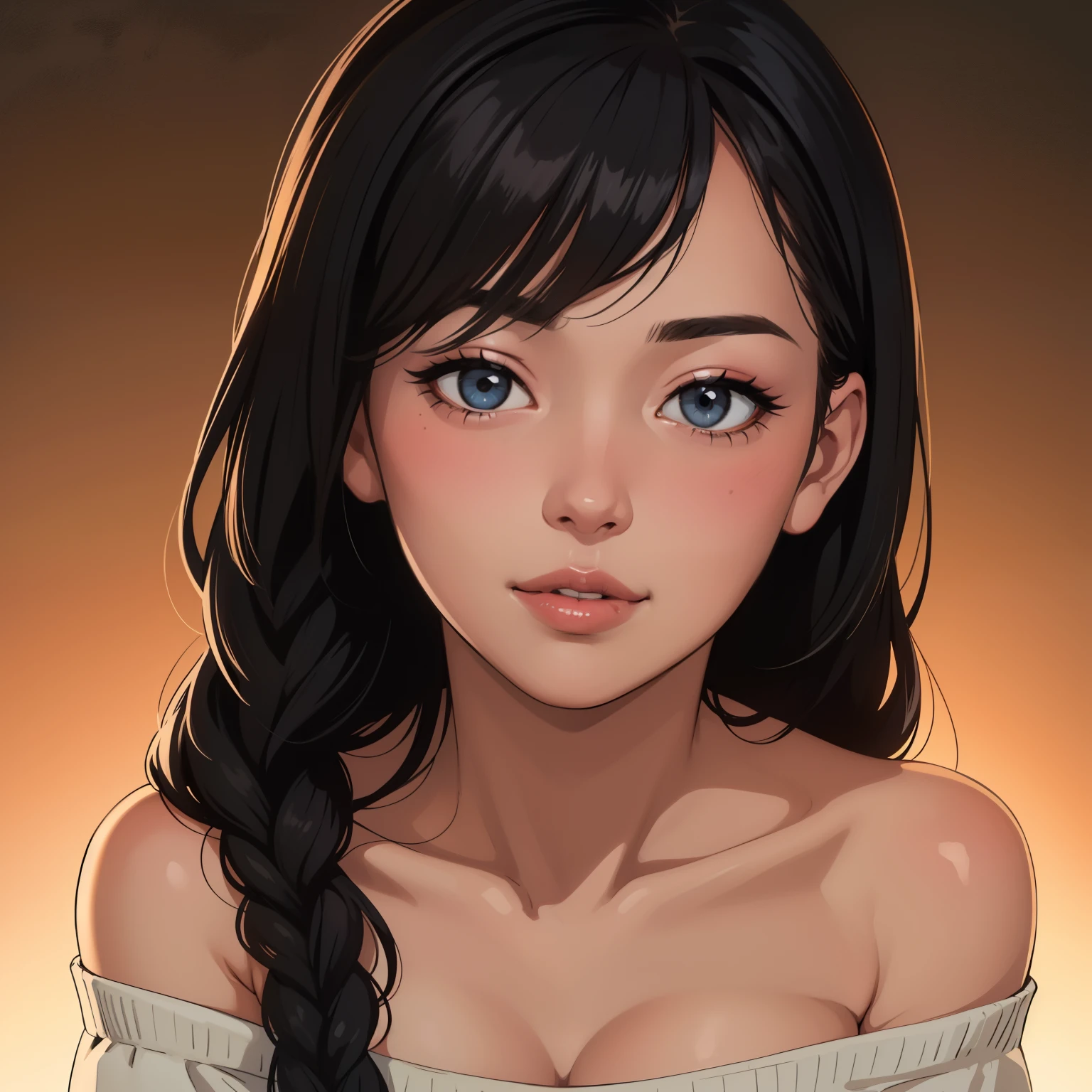 a beautiful woman with long black braided hair, seductive soft eyes, blushing hard, pink parted lips with a seductive smile, long neck and collarbone, medium chest and cleavage, wearing an off-shoulder t-shirt exposing her bare shoulders, (best quality,4k,8k,highres,masterpiece:1.2),ultra-detailed,(realistic,photorealistic,photo-realistic:1.37),intricate details,highly detailed face,extremely detailed eyes and face,longeyelashes,beautiful detailed lips,extremely detailed skin,cinematic lighting,warm color tones,chiaroscuro lighting,romantic,sensual,intimate,alluring,captivating