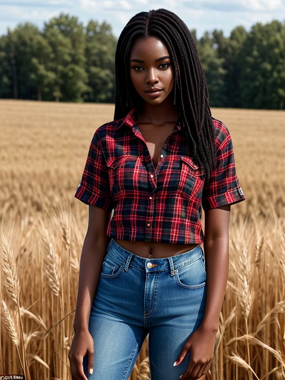 ebony beauty with short straight black hair. Penetrating brown eyes should be the focal point. She is wearing a red flannel shirt and denim jeans, In the background, a wheat field is shown, a heavenly and luxurious place, 8k, perfect photo, dark skin, chocolate skin, beautiful green eyes. impeccable image of high quality and creativity, RAW colors, balanced lights