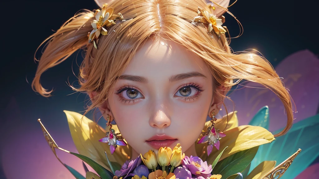 32K, 最高quality, 最高masterpiece, (ultra-Detailed Background, Detailed Background), High resolution, Super detailed, Very detailedな, 1 personの, (bouquet:1.3), (Tangled:1.2), (Geometric:1.2),(colorful),(masterpiece, quality, best quality, Official Art, Beautiful and beautiful:1.2), (1 person:1.3), Very detailed,(colorful:1.1)(Flowers:1.3),Most detailed,(Tangled:1.2), whole body, (Abstract background:1.3), (Skin glows), (Many colors:1.4), ,(Earrings Jewelry:1.5), Gradient Background, Beautiful and sparkling background, It's imaginative., Flaxen Hair,