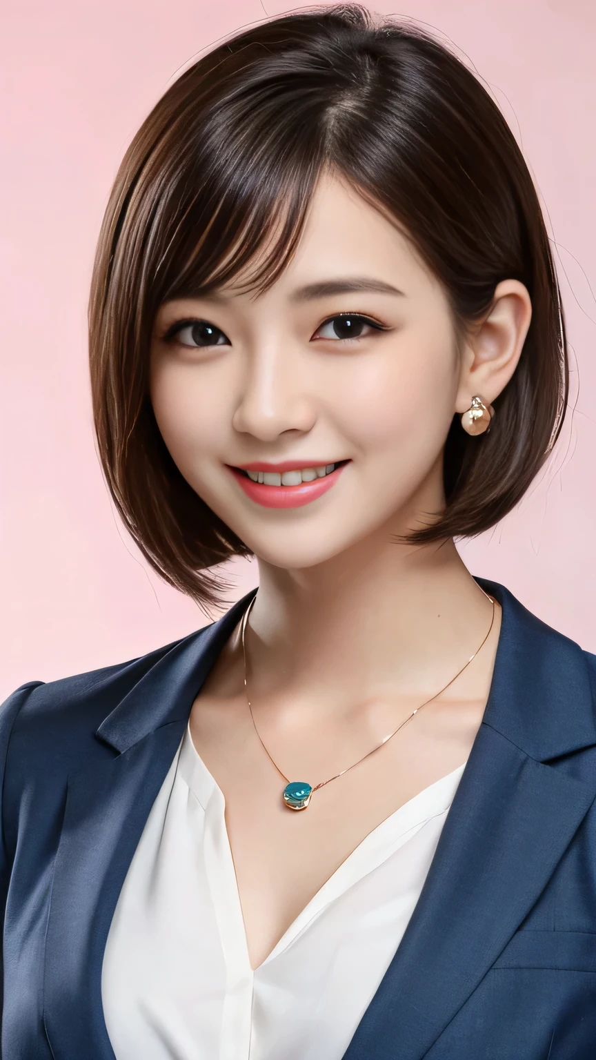 RAW Photos, High resolution, Very detailed, Intricate details, 、ear piercing、smile、short hair、Black Hair、Open your mouth a little、Clear beauty,(High quality fabric, Office Lady Suits 、Necklace around the neck、, The background is the office
