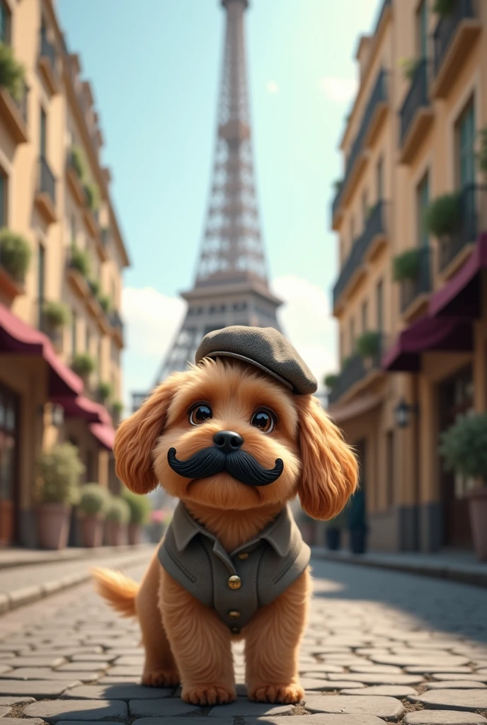 that same dog, wearing a beret and a French mustache, walking near the Eiffel Tower