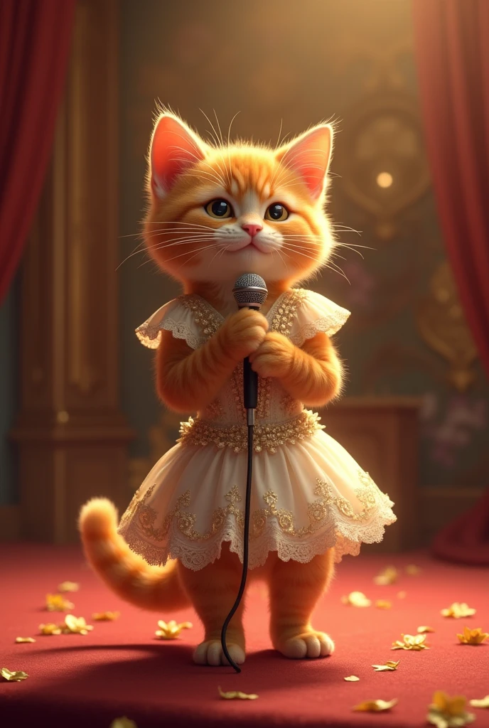 the beautiful small ginger healthy faty cat wearing beautiful dress in the maike in his hand standing in the beautiful stage singing the song.