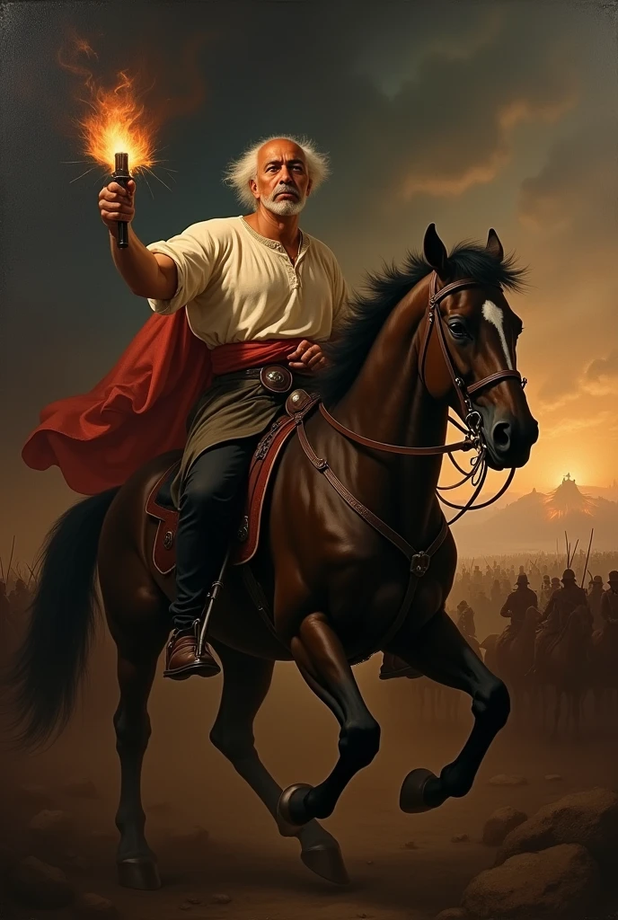 masterpiece, realist, old painting, Renaissance style, visual impact, high contrast, black dark background, (Miguel Hidalgo) hero of Mexico's independence, man with white hair and bald, on horse, (the noble priest), holding a torch, and in the background you can see traces of the war, in attack position, high quality, lights and shadows rembrant style, tenebrismo, Caravaggio, (the priest Miguel Hidalgo)