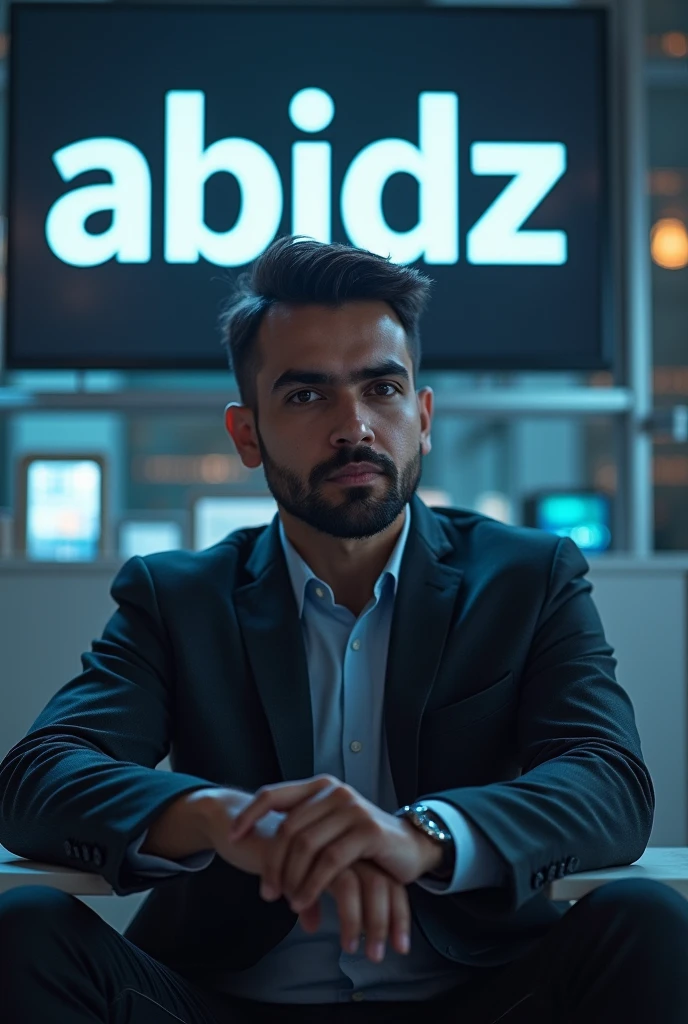 A man is sitting. Behind him is written "Abidz Graphic Designer" on a digital board.