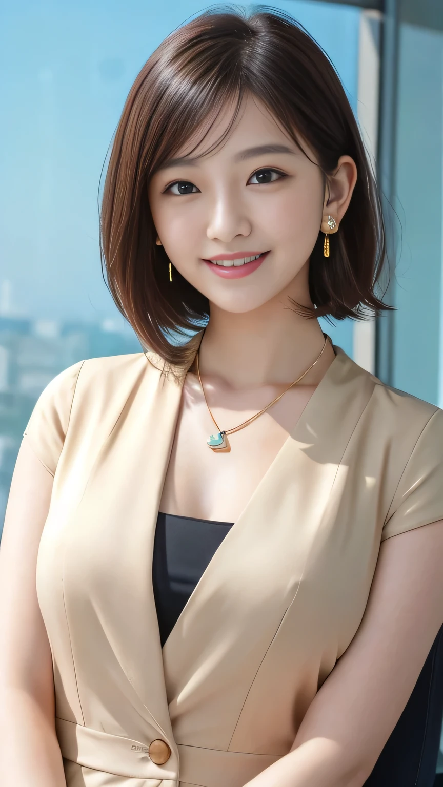 RAW Photos, High resolution, Very detailed, Intricate details, 、ear piercing、smile、short hair、Black Hair、Open your mouth a little、Clear beauty,(High quality fabric, Office Lady Suits 、Necklace around the neck、, The background is the office