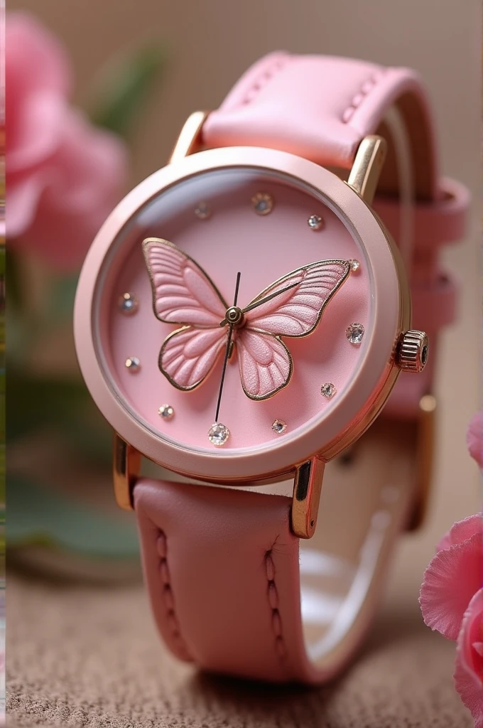 Classic pink watch with butterfly inside and has soft leather strap