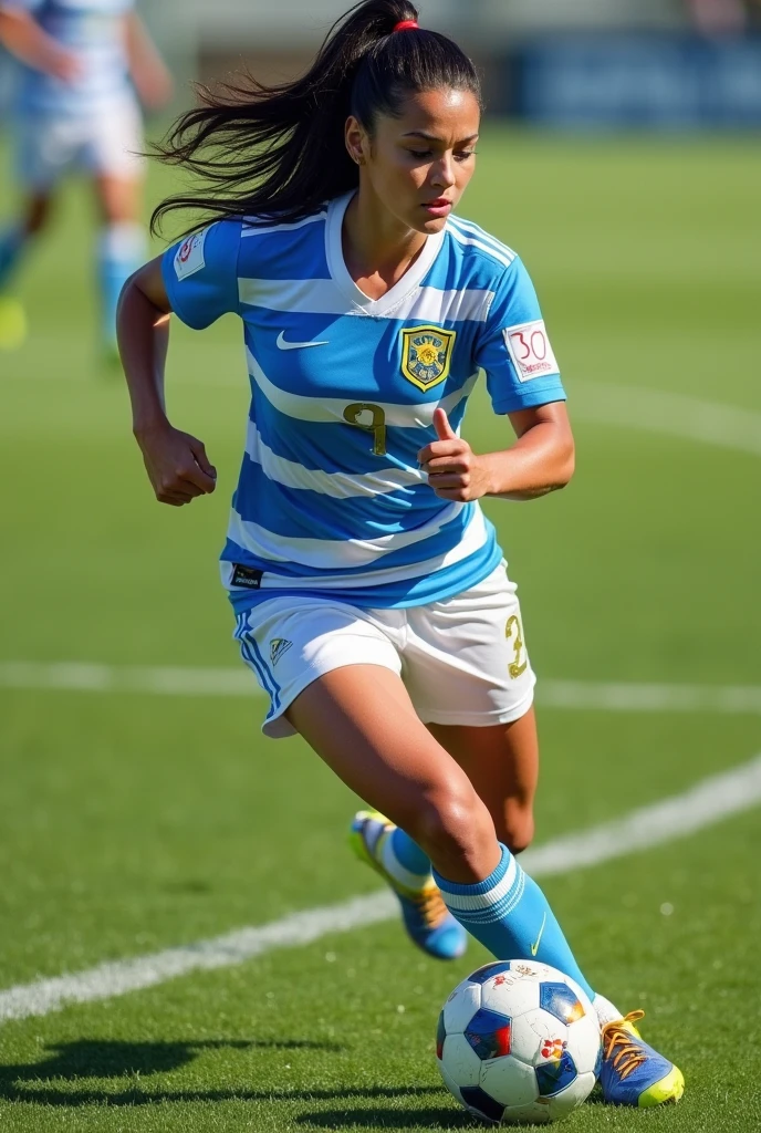 Female soccer player with black and brunette hair wearing the Uruguay national team jersey