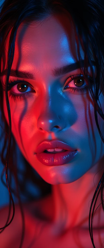 neon eyes, wet hair, wet drops on the face. Portrait of Lucy Pinder, sexy face, bitten lips, boca, language, sexy, Seductive, Hyperrealism, photorealism, 7k better , Whole body, nude