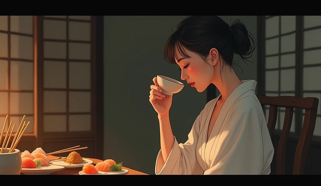 A woman in a white yukata drinking sake from a ceramic cup、profile、A little bit of sexy cleavage is visible、Soft Light、Skewers、sashimi、Backlight、Dark interior、Old furniture、Adult face、blush、Around 40、Half-open eyes、Intricate drawing、Realistic