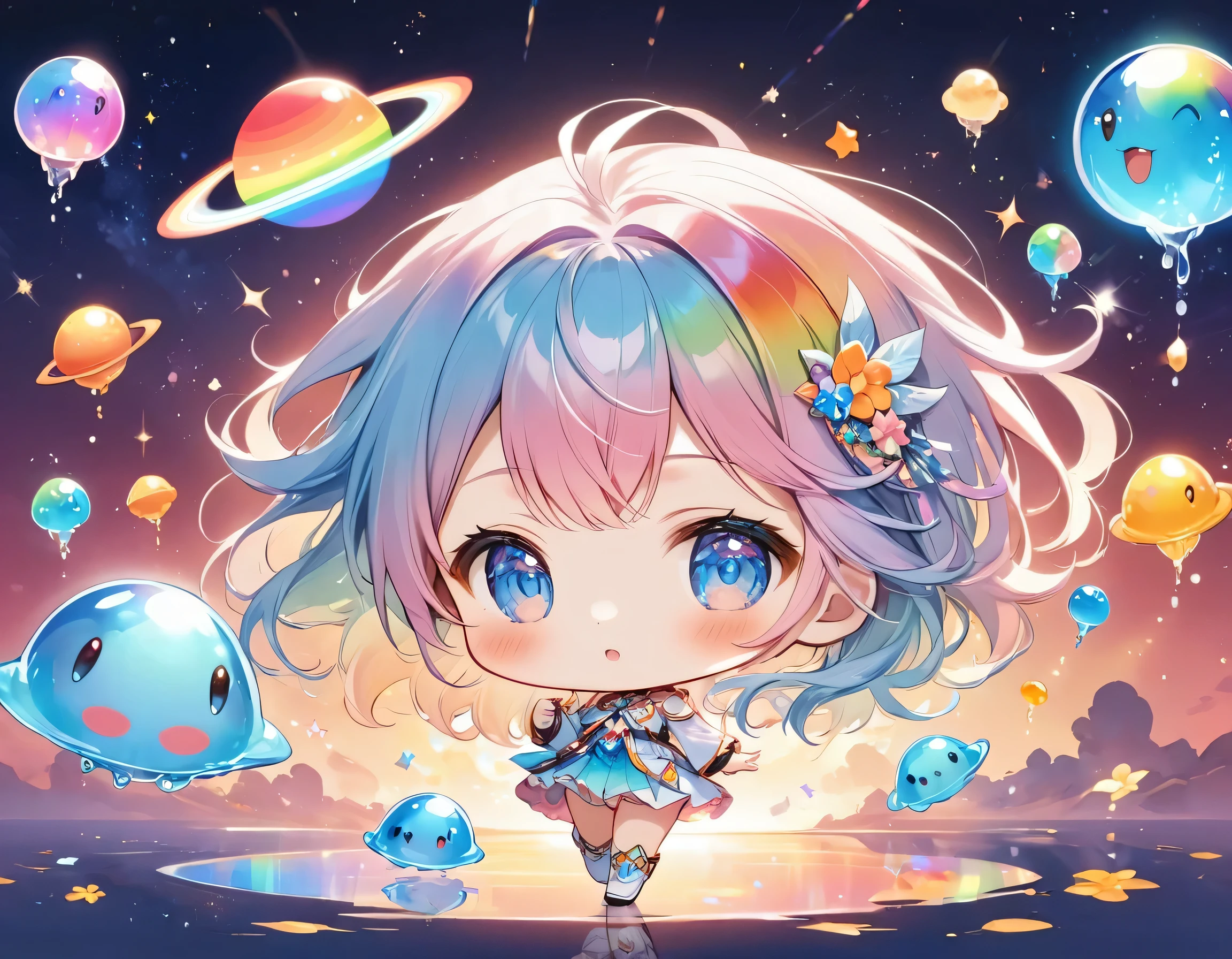 Seizo Watase style, The most beautiful girl of all time, (((chibi))), (((hide and seek))), Cute Aliens, All in one, Tshine in fantastical rainbow colors,and a completely melted jelly fusion, Holographic sparkling reflections, Create an engaging impression on your audience, Surface of Mars