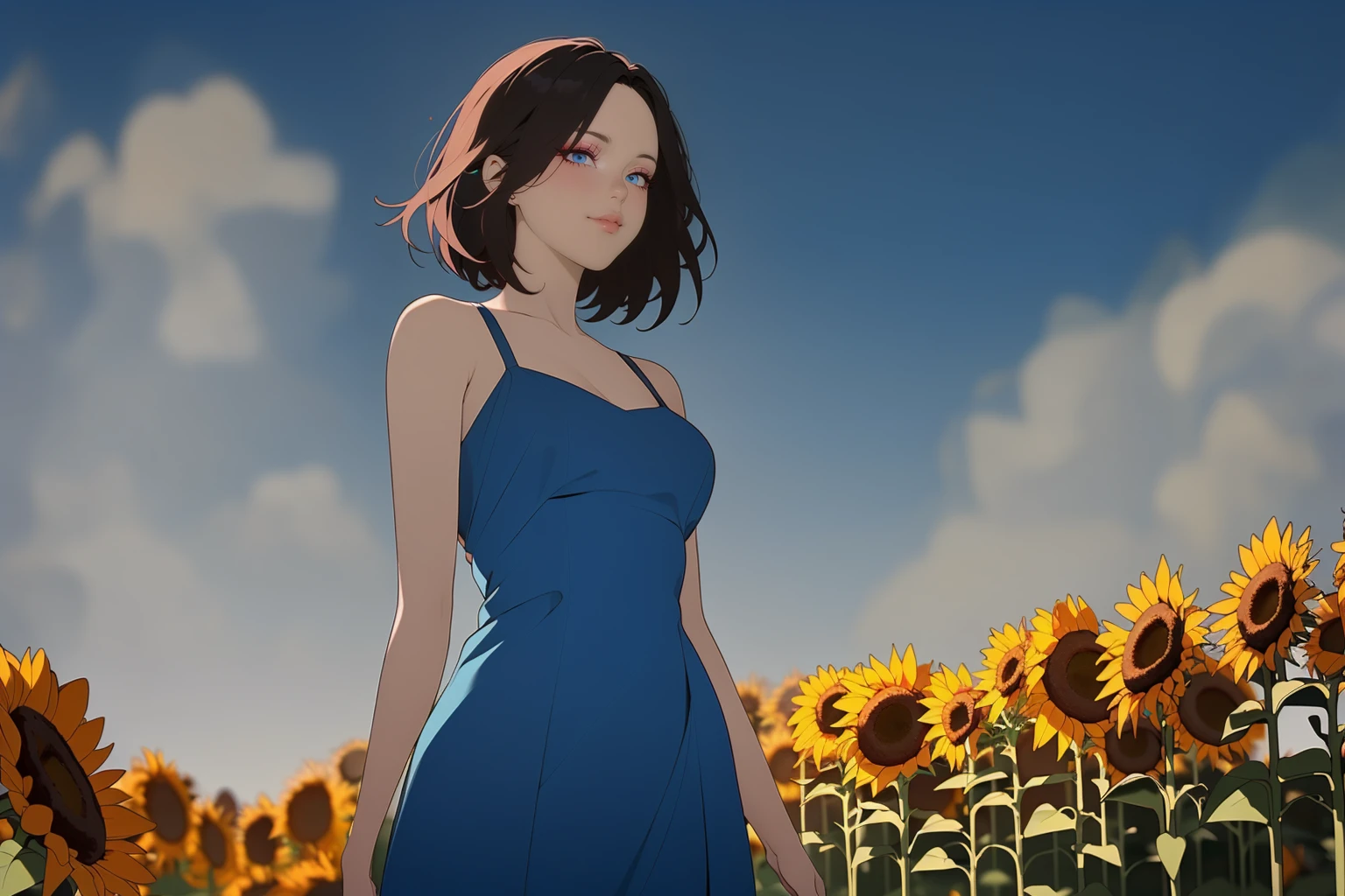 An exceptional pretty female, upper body, blue dress, standing in a field of sunflowers, (outstanding composition, masterpiece:1.4), (from below), (line art:1.2), bright colors
