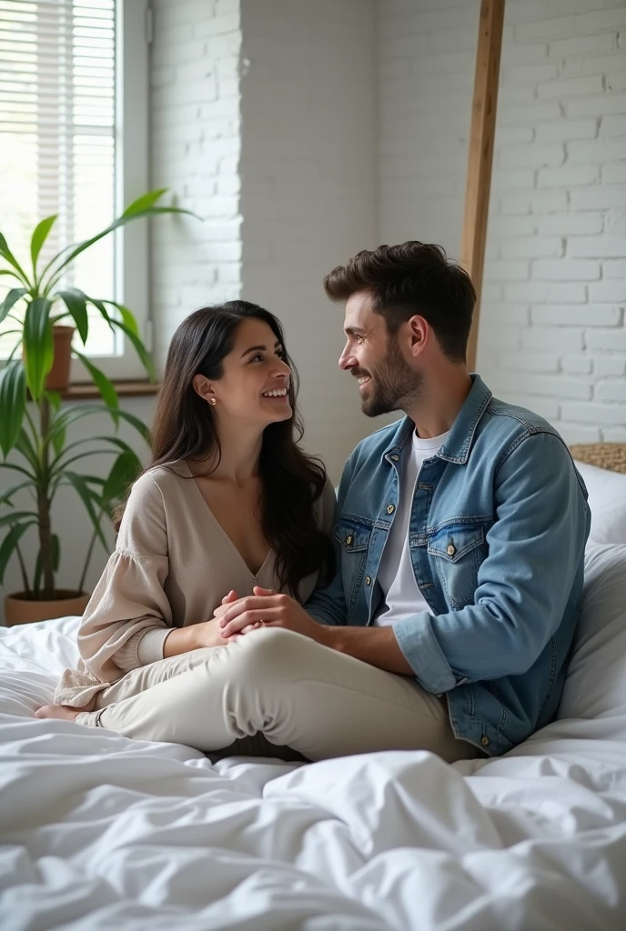 High Resolution, Masterpiece, Accurate, Detail, High Quality, Realistic photo. A 2 wife, long dark hair, white skin, height: 155 cm, weight: 45 kg. A 30 year old husband, short hair, white skin, height: 160 cm, weight: 55 kg. They are sitting on a bed, looking at a laptop together. The man is wearing a blue denim jacket and the woman is a brunette with long dark hair. They are both smiling and appear to be engaged in a conversation. The bed has white sheets and pillows, and there is a plant in the corner of the room. The background is a white brick wall and a window with blinds. The overall mood of the image is happy and relaxed.