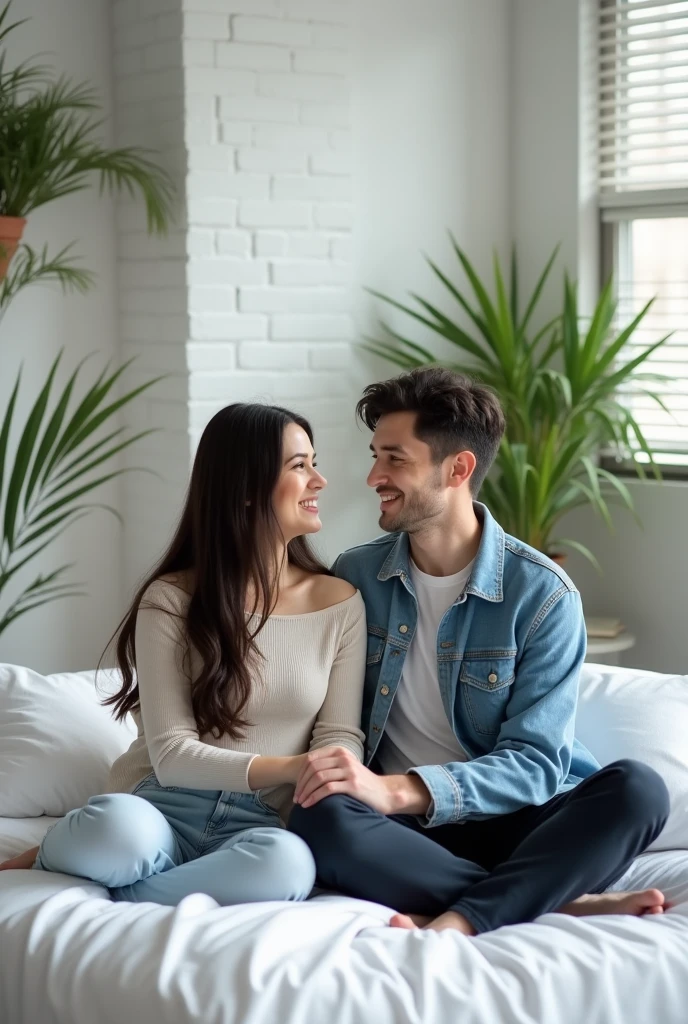 High Resolution, Masterpiece, Accurate, Detail, High Quality, Realistic photo. A 2 wife, long dark hair, white skin, height: 155 cm, weight: 45 kg. A 30 year old husband, short hair, white skin, height: 160 cm, weight: 55 kg. They are sitting on a bed, looking at a laptop together. The man is wearing a blue denim jacket and the woman is a brunette with long dark hair. They are both smiling and appear to be engaged in a conversation. The bed has white sheets and pillows, and there is a plant in the corner of the room. The background is a white brick wall and a window with blinds. The overall mood of the image is happy and relaxed.