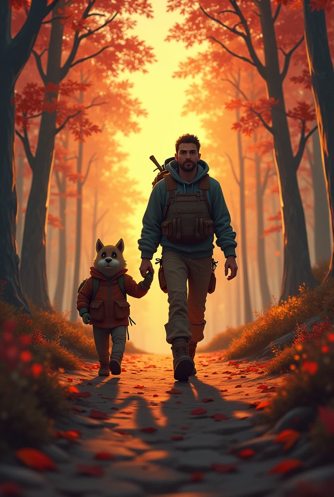 Sam and Max setting off into the woods. The path is lined with autumn leaves, and the sky is turning to dusk.
Details: Warm, earthy tones for the forest setting and an adventurous, determined expression on Sam’s face. Human