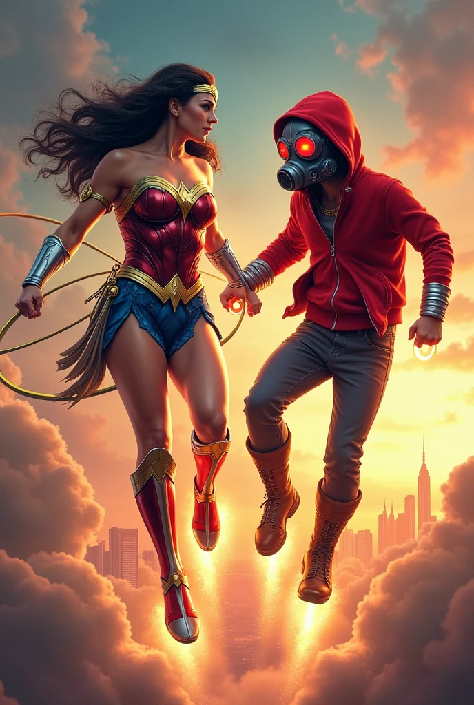 Wonder woman, realistic, big breasts, full body & Youg boy with red hoodie, headphones, Star-lord helmet, rocket boots, gas helmet, covered mouth, round red, eyes, front cover, Kid Star-lord with red hoodie, star-lord helmet, gas helmet, covered mouth, round red eyes, Red eyes, magic rings in the hands and rocket boots, Fighting, power, fiction, 2 persons, magic lasso, hight, fall, DJ, view of the city from above, flying in the sky, capa roja, fire under shoes, Space, Smoke, World.