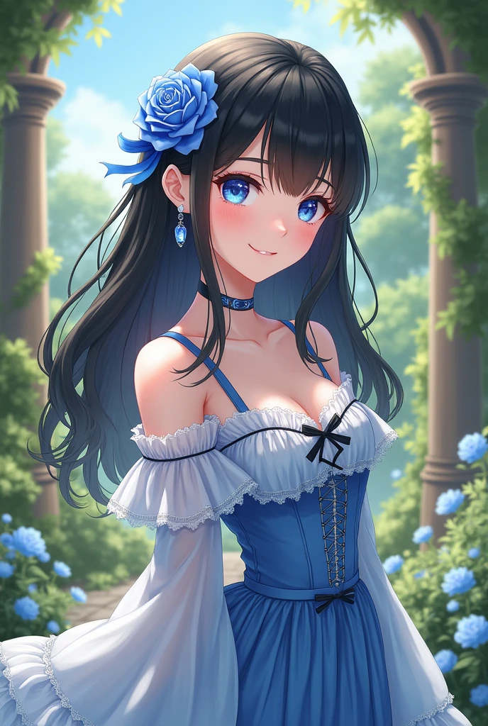 (Realistic, Like the picture:1.37), unbelievably ridiculous, (Very detailed:1.3), 8k, (Tabletop), (Highest quality:1.4), (Ultra-high resolution:1.2), (RAW Photos:1.2), (unity 8k wallpaper), 1 nogizaka girl, very cute, (Beautiful girl:1.35), (1 student:1.4), ((Alice and the Pirates Fashion)), Delicate and beautiful dresses, Blue rose hair accessory, Exquisitely drawn beautiful faces, eyes and skin, Detailed black shiny hair, Smiling for the camera, Cowboy Shot, Petit Trianon and Farmhouse's Garden, Very detailed背景, Professional Lighting