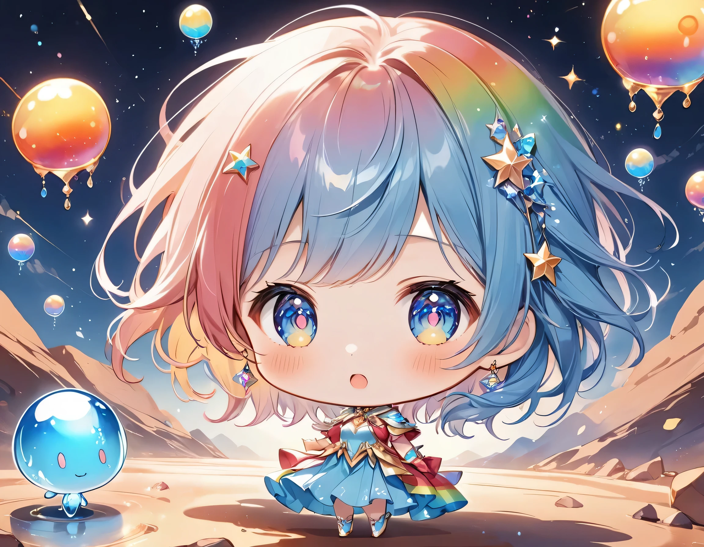 Seizo Watase style, The most beautiful girl of all time, (((chibi))), (((hide and seek))), Cute Aliens, All in one, Tshine in fantastical rainbow colors,and a completely melted jelly fusion, Holographic sparkling reflections, Create an engaging impression on your audience, Surface of Mars