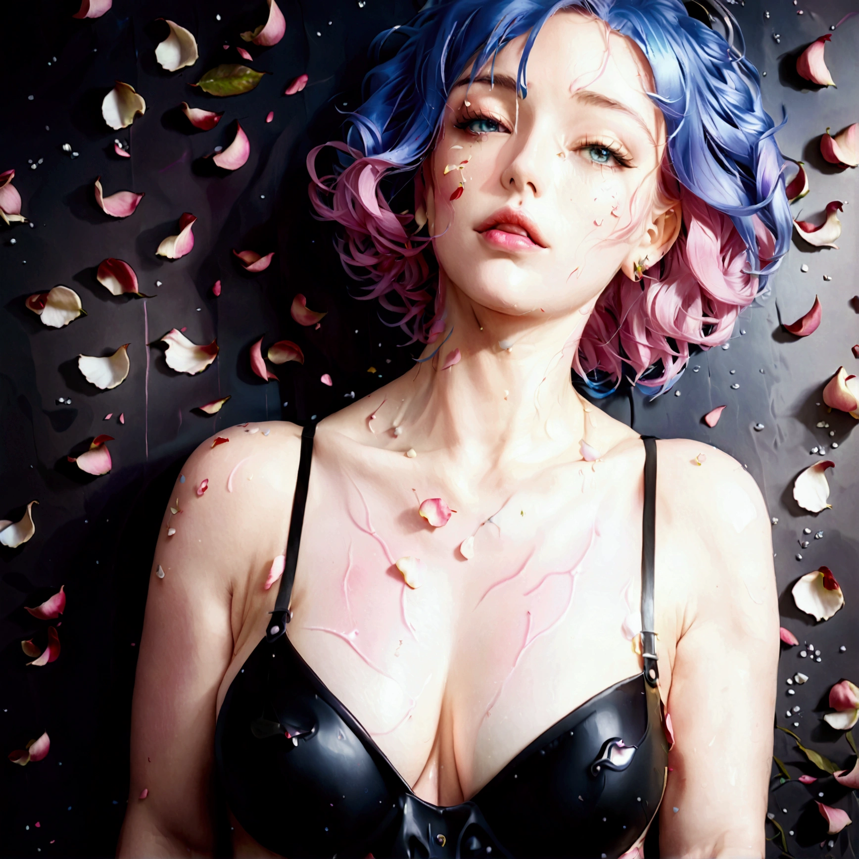 Very detailed, Seductive erotic women sweating, Breasts covered with rose petals, (plump, pink/Blue Hair), Face-centered, Face Focus, Complex eyes,