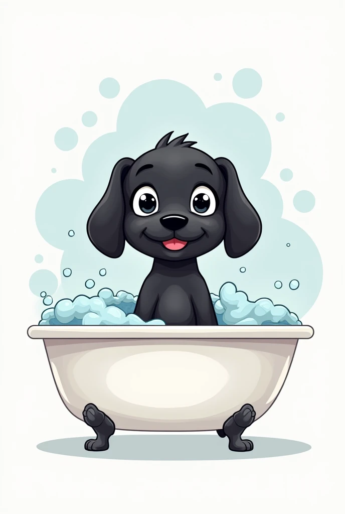 (Logo) Formal cartoon of a black female dog with upright ears, gentle face, in a white tub, with bubbles and shampoo with the name Mía Dog grooming