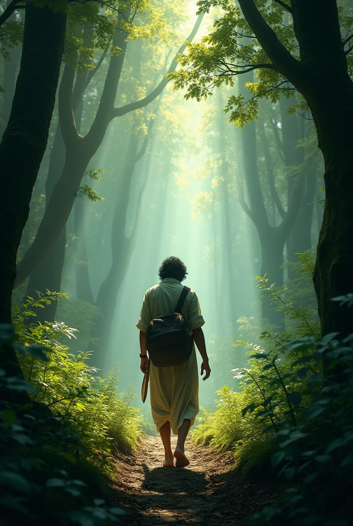 The forest is thick and dark, with rays of sunlight piercing through the trees. Arjun is dressed in simple attire, with a determined expression, as he treads carefully.