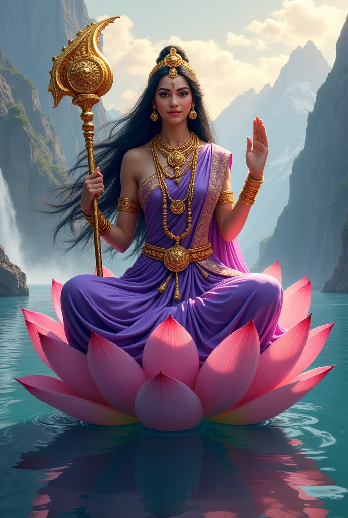 "Create an ultra-realistic image of the beautiful Goddess Siddhidatri Devi, depicted in a stunning purple saree that symbolizes her divine powers and spiritual wisdom. The saree should be richly detailed with intricate gold patterns, highlighting her celestial status. Her long, flowing black hair should be beautifully styled, cascading gracefully over her shoulders, adding to her divine beauty. Her complexion should radiate a soft, ethereal glow, with a serene and compassionate expression on her face, embodying both grace and strength.
Goddess Siddhidatri should be seated on an extremely large and majestic lotus that is intricately designed, floating gracefully on a vast, serene ocean. The lotus should be depicted with vibrant, detailed petals that enhance its divine nature.
She should have two hands: her right hand is in a blessing posture, offering protection and boons to her devotees, while her left hand holds a giant, beautifully detailed mace, symbolizing her power and ability to grant siddhis (spiritual powers).
The background should feature a breathtaking landscape with a cascading waterfall, majestic mountains, and the vast ocean, creating a serene and awe-inspiring atmosphere. The overall image should capture the essence of Goddess Siddhidatri’s beauty, power, and divine grace, presented in a highly realistic and detailed manner, with her purple saree, majestic lotus, and the powerful natural surroundings emphasizing her supreme authority and benevolence."