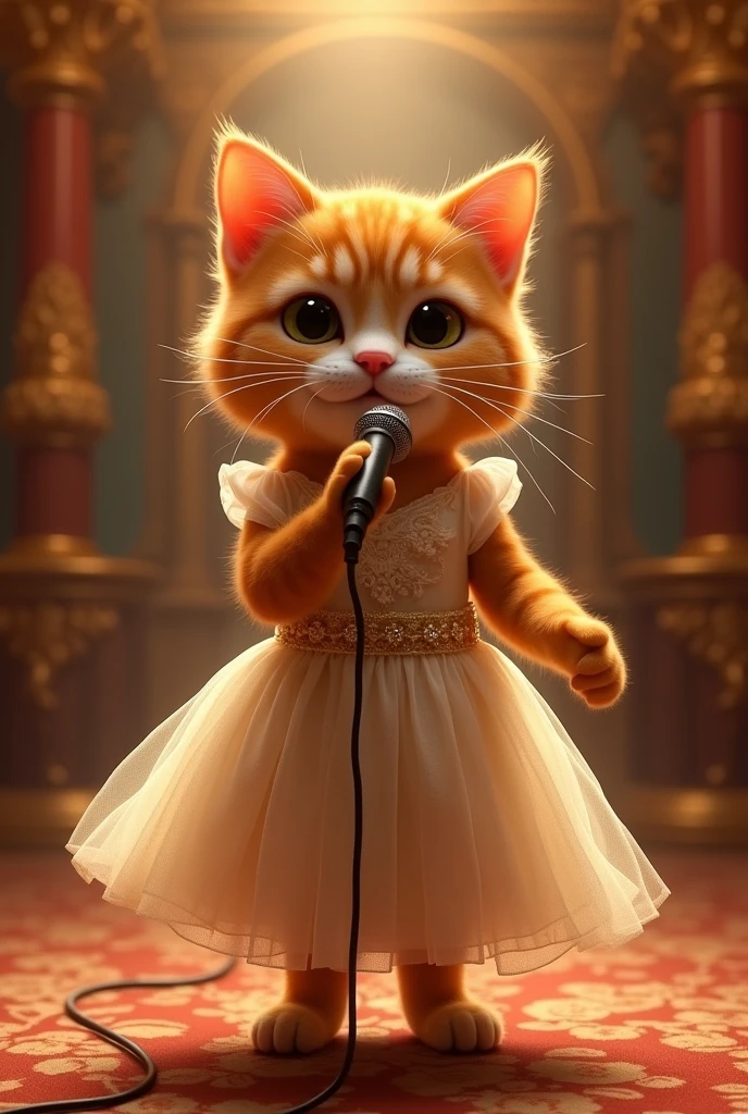 the beautiful small ginger healthy  faty cat wearing beautiful dress in the maike in his hand standing in the beautiful stage singing the song.