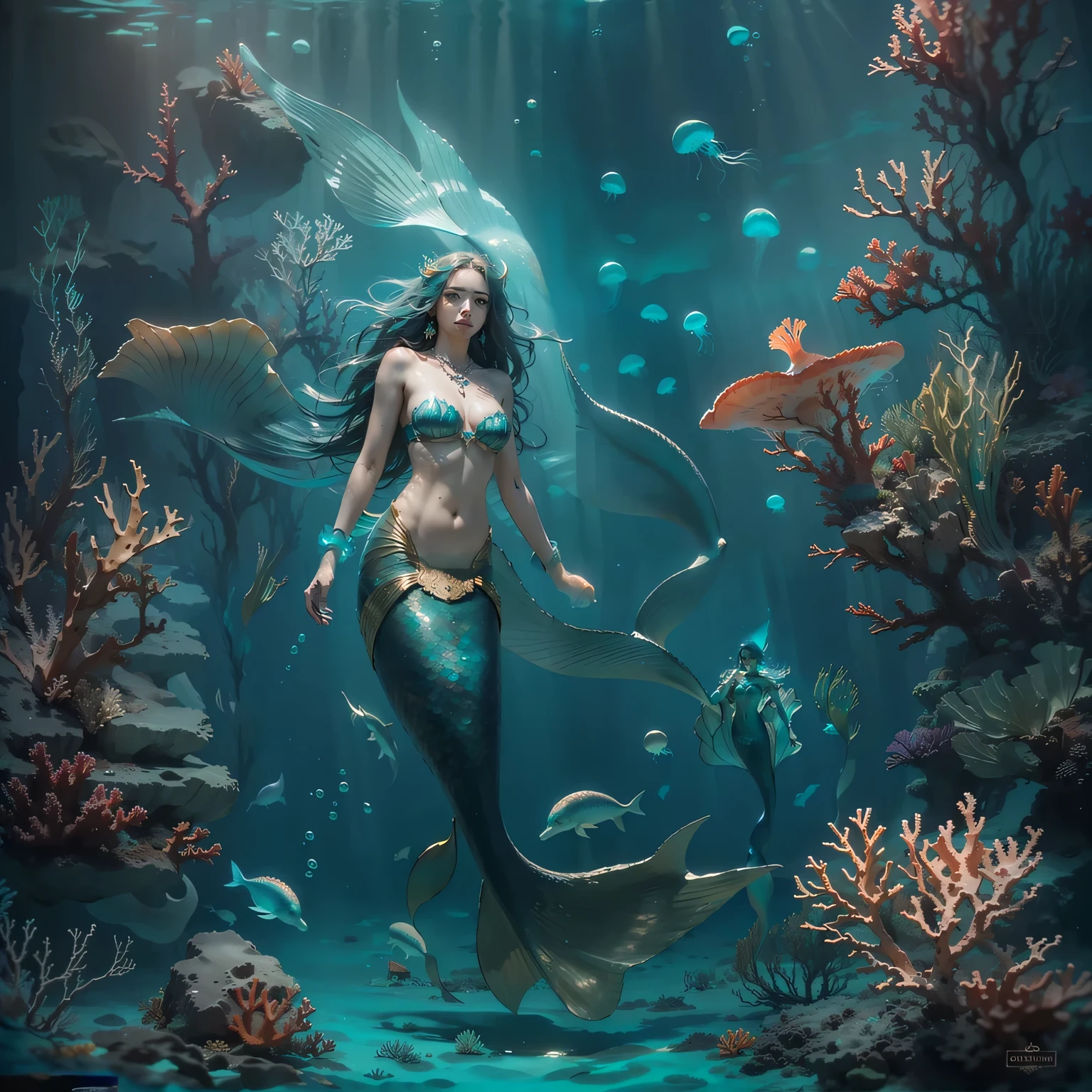 Create an image that captures the essence of classical art and award-winning painting, drawing inspiration from Studio Ghibli style watercolor paintings. Visualize a enchanting watercolor painting of mystical fantasy Mermaid Princess. Her skin should be meticulously detailed, with eyes that glow with life, and a facial structure that fits the golden ratio of attractiveness, including clear double eyelids. | She is moving with a dynamic and bold grace.The setting is a mystical underwater castle, under the warm light of sunlight, casting striking shadows around. The landscape atmosphere must feel both engaging and ethereal. | Rendered in ultra-high detail and quality, this masterpiece ensures super detail. With a focus on high quality and accuracy, this award-winning painting captures every nuance in stunning 16k resolution, immersing viewers in its lifelike depiction. | ((watercolor painting):1.1), ((Studio Ghibli style):1.1), ((mystical fantasy Mermaid Princess):1.1), ((Underwater castle):1.1). | (((anatomical correctness))), (((perfect_fingers))), (((perfect_legs))), (((perfect_hands))), ((perfect_composition, perfect_design, perfect_layout, perfect_detail, ultra_detailed)), ((enhance_all, fix_everything)), More Detail, Enhance.